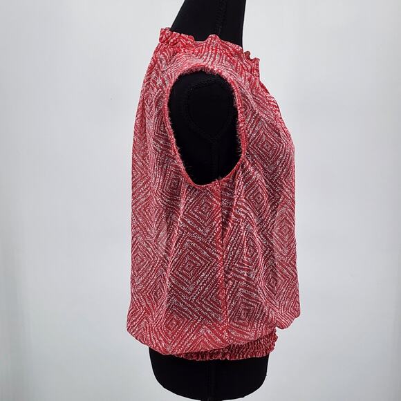 Guess Pink White Sheer Blouse Ruffle Tie V-Neck Elastic Smocked Waist Size S - Picture 4 of 7